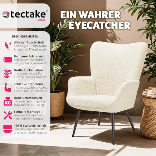 tectake® Skandinavischer Stil Ohrensessel, Teddy Sessel Hygge, Bouclé Sessel Wohnzimmer, Schlafzimmer, Statement Piece Loungesessel, belastbar bis 150 kg – Bild 4