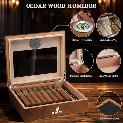 XIFEI Cigar Humidor, Cedar Wood Desktop Humidors with Digital Hygrometer, Humidifier & Divider, Cigar Gift for Men, Glass Top Cigar Humidors Holds 20-35 Cigars