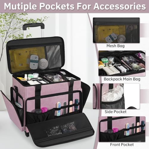 Extra Large Rolling Makeup Case with 4 Removable Pouches，Professional Make up Train Case with Wheels,Travel Cosmetic Bag for Hairstylists Nail Tech Makeup Artist with Detachable Trolley3