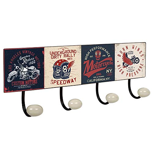PERCHA Pared Vintage 4 Ganchos Porcelana MOTOR Retro 400x155MM