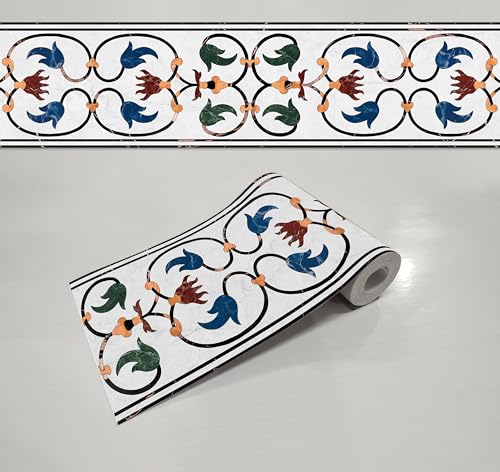 Image of WallDesign Marble Petal Inlay Effect Wall Border - 4 Inch x 10 Feet Self-Adhesive Vinyl Trim - Traditional Floral Accent for Stairs, Cabinets, Kitchen, Bathroom, Furniture
