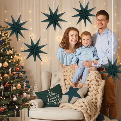 Image of 12 Inches 5 PCS Dark Green Paper Star Lanterns Christmas Party Decorations Hanging Stars Christmas Party Decorations Wedding Birthday Christmas Home Party Decorations(9 Pointed)