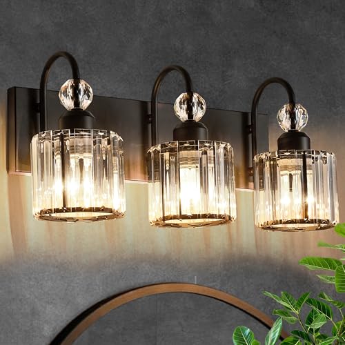 Image of Bathroom Vanity Light Fixtures Over Mirror - Makeup Lighting Black - for Modern Wall, Bath, Desk, Farmhouse, Hallway (3 Crystal Lights)