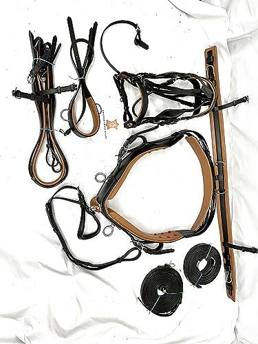Leather Horse Driving Harness in Black with a Contrast of Tan Color (Full) - Thumbnail 7