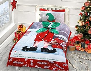 Gonks Snowman Santa Christmas Winter Xmas Grey Red Festive Cotton Rich Bedding Set Duvet Cover an Pillowcase Set (Selfie Elfie, Single)