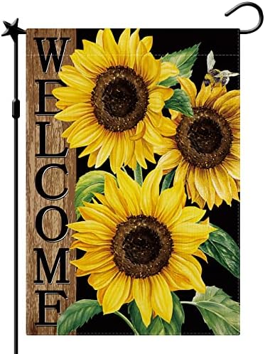 CMEGKE Sunflower Garden Flag, Sunflower Welcome Garden Flag, Sunflower Black Garden Flag Spring Summer Vertical Double Sided Burlap Party Holiday Yard Home Farmhouse Outside Decor 12.5 x 18 In