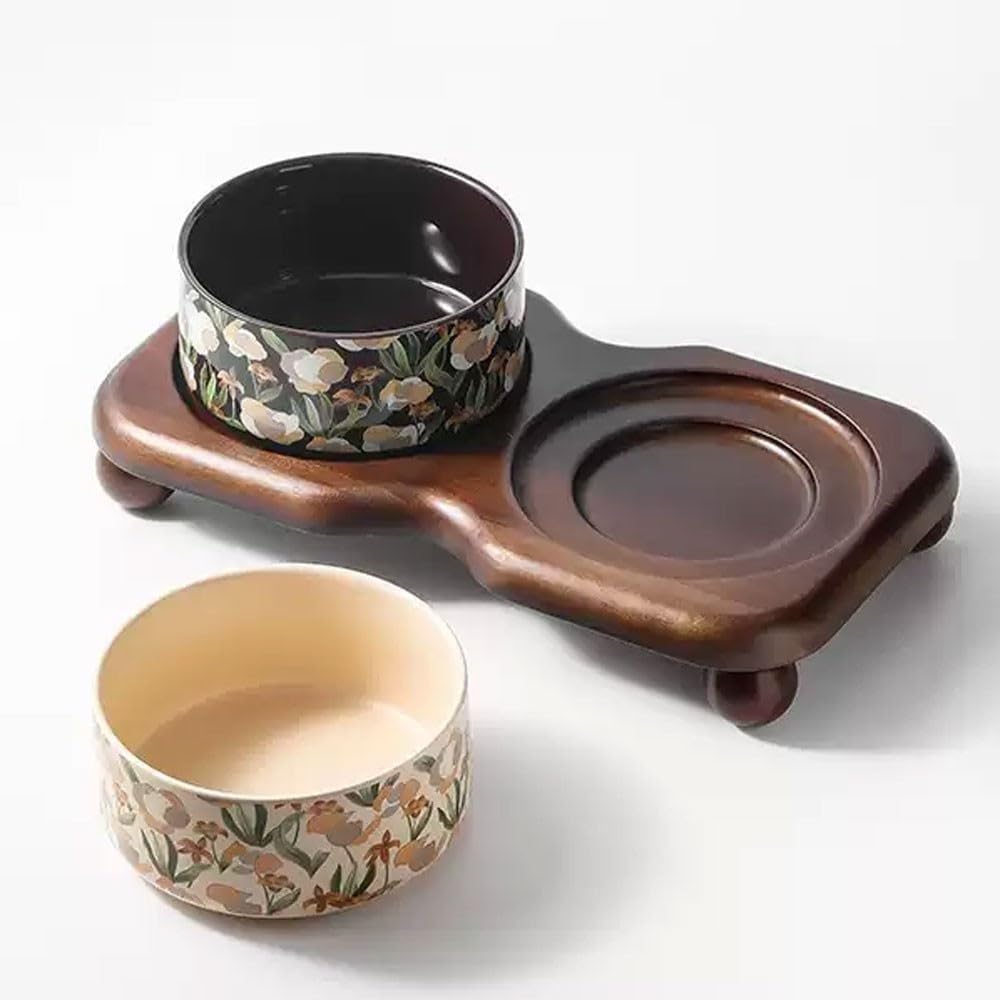 Zestaw ceramicznych misek dla kota z drewnianym stojakiem, podwyższonym, antypoślizgowym karmnikiem dla zwierząt