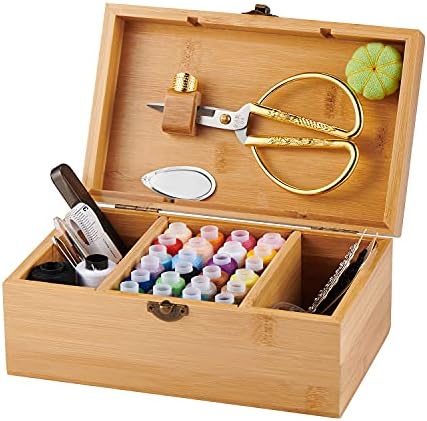 Bamboo Wooden Sewing Basket with Accesssories Sewing kit Compartments, 8.5 x 5.3 x 3Inches