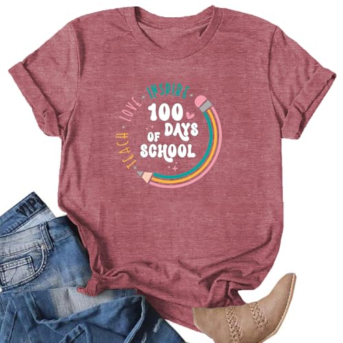 Image of 100th Day of School Shirt for Women Teacher Graphic T-Shirt Funny Teach Short Sleeve Tee Tops
