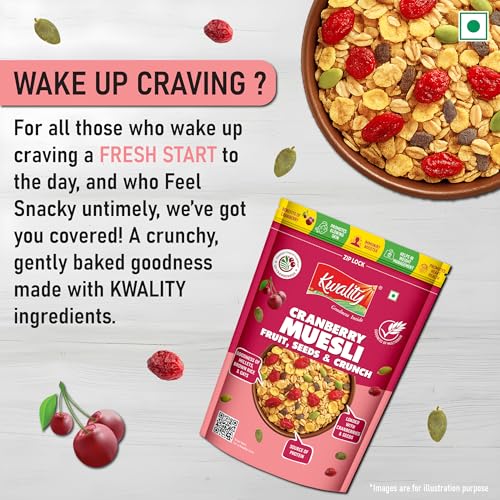 Image of Kwality Muesli Cranberry, Fruits, Seeds & Crunch 400g | 69% MultiGrains Mix | Goodness Millets Brown Rice & Oats | High-Fibre, Protein-Rich Multigrain Breakfast Cereal with Rolled Oats, Super Seeds & Real Cranberries | No Preservatives