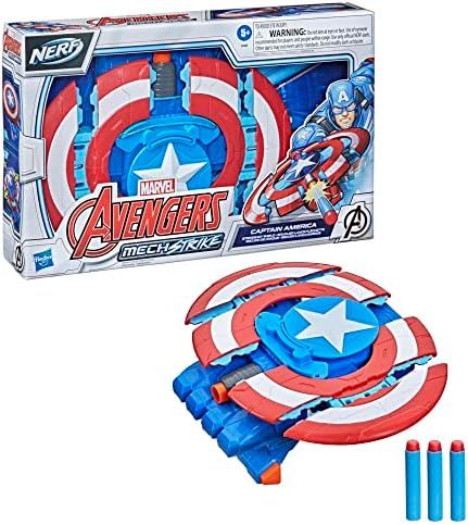 Avengers Marvel Mech Strike Captain America Strikeshot Shield Role Play Toy with 3 NERF Darts, Pull Handle to Expand, for Kids Ages 5 and Up