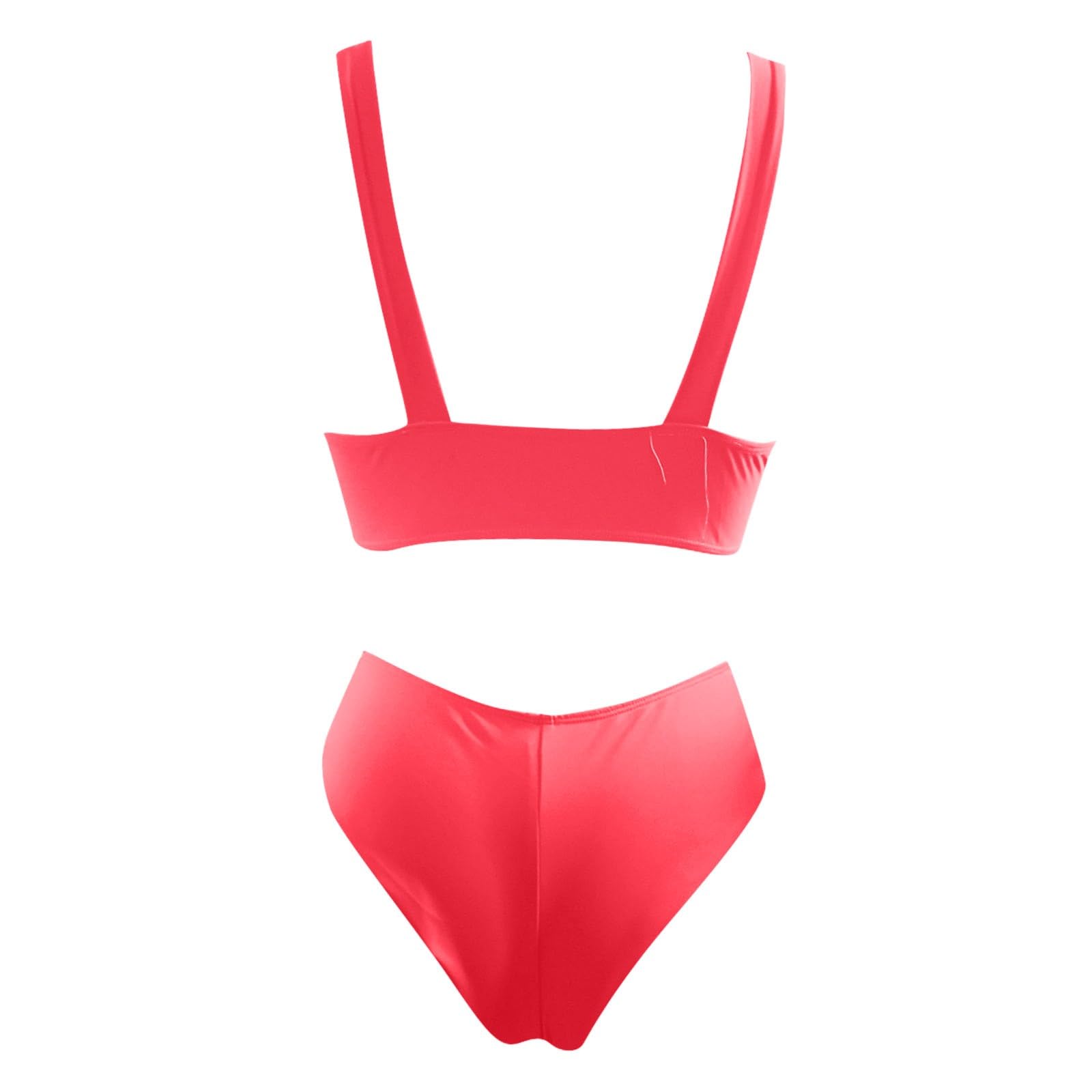 Costume da Bagno Donna Bikini for Tinta Unita Scollo A V Nodo Davanti Push Up Perizoma Gamba Alta A Due Pezzi, Rosso (Rosso Anguria), S