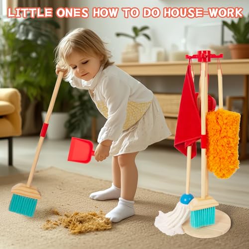Kids Cleaning Set, Housekeeping Play Set Includes Broom Mop Duster Dustpan Brushes Rag and Organizing Stand, Cleaning Toys Gift for Toddlers Girls Boys Age 3-6, Solid Beech Wood (Red)