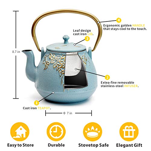 Tea Kettle, TOPTIER Japanese Cast Iron Tea Kettle with Infuser for Loose Leaf and Tea Bags, Stovetop Safe Cast Iron Teapot Coated with Enameled Interior for 40 oz (1200 ml), Turquoise Blue