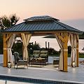 YITAHOME 11X13FT Wood Gazebo Outdoor Wooden Frame Gazebo Double Roof Hardtop Galvanized Steel Top Canopy w/Curtain and Netting, Patio Heavy Duty Gazebo for Deck, Backyard, Beige Yellow