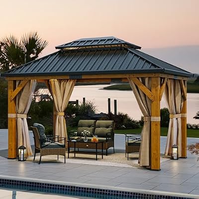 YITAHOME 11X13FT Wood Gazebo Outdoor Wooden Frame Gazebo Double Roof Hardtop Galvanized Steel Top Canopy w/Curtain and Netting, Patio Heavy Duty Gazebo for Deck, Backyard, Beige Yellow