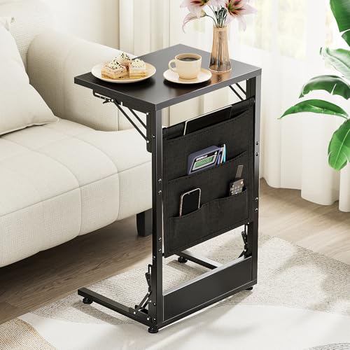 Image of Folding TV Tray Table, 28.8 inch Tall C-Shaped Side Table for Couch and Bed, Slide Under Sofa Side Desk with Storage Bag - Sturdy Metal Frame Tray for Living Room, Bedroom, Home & Office (Black)