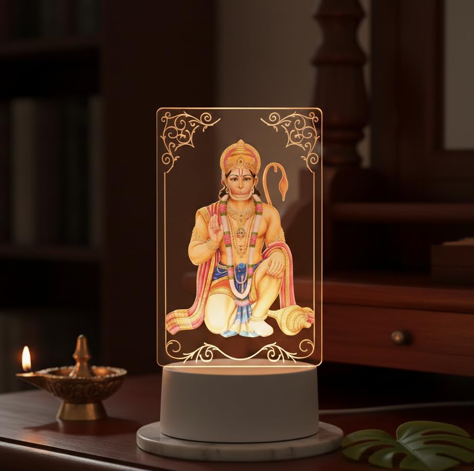 Hanuman Photo Lamp Light for Tabletop | Bajrang Bali LED Idol Photo Frame Lamp for Pooja Room, Mandir, Home Decor & Religious Gifting