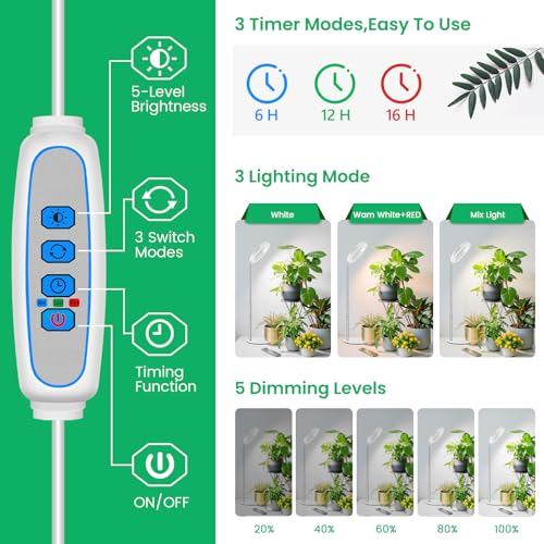 Image of Aokrean 6.3in Halo Grow Lights for Indoor Plants, Full Spectrum with Base | 80 LEDs White 1-Pack, 2 Installation Ways, 9.8-37.4 in Height Adjustable, 3 Lighting Modes, Timer 6 /12 /16Hrs, 5 Brightness