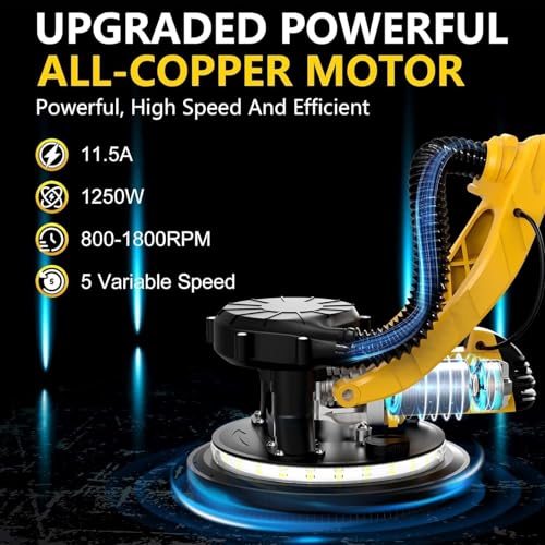 Image of 1250W Drywall Sander, 11.5A Electric Drywall Sander with Vacuum Dust Collection, 5 Variable Speed 800-1800RPM, Popcorn Ceiling Removal Tool with Extendable Handle, LED Light, 18pcs Sanding Discs