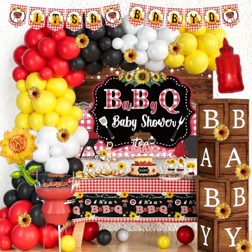 137 PCs BBQ Baby Shower Decorations Hombae Its A Baby Q Baby Shower Decorations Backdrop Balloon Garland Banner Tablecloth Cake Cupcake Topper Boxes Cutout Barbecue Picnic Sauce Bottle Red Black