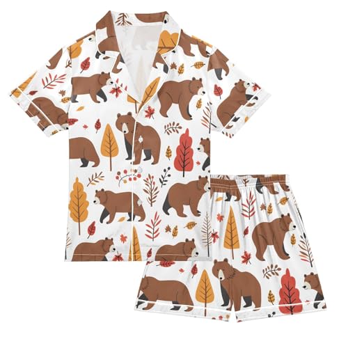 ALAZA Bear Cartoon Autumn Pajamas Satin Pajama Set Short Sleeve Button Down Sleepwear