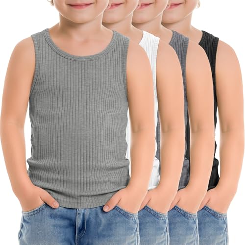 Image of 4 Pack Toddler Boys Cotton Tank Tops | Ribbed, Sleeveless T-Shirts, Summer Undershirts, Slim Fit, Crewneck, Layering, Sizes 18M-5T