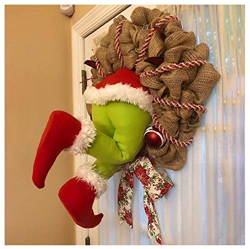 TIREOWu00ae Christmas the Grinch Thief Stole Christmas Burlap Wreath, Christmas Garland Decorations,Christmas Burlap Wreath Xmas Decor Exquisite Santa Claus Wreath for Living Room Wall Window (L)