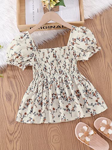 SHENHE Girl's Floral Square Neck Puff Short Sleeve Shirred Blouse Peplum Tops2