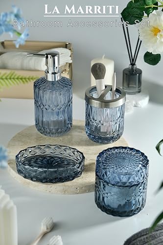 Crystal Glass Bathroom Accessories Set, 9 Pcs Blue Lotion Dispenser Set, Soap Dish, Toothbrush Holder, Tumbler, Cotton Swab Jars, Vintage Bathroom Decor and Crystal Glass Gift Set - Image 4