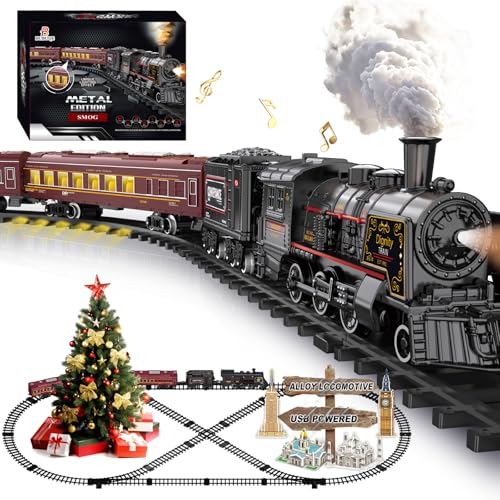 Image of Electric Train Sets for Kids Metal Alloy Christmas Train Toys Steam Locomotive, Glowing Passenger Carriages, Luxury Tracks, Light & Sounds Rechargeable Birthday Gifts for Boys Girls Red 