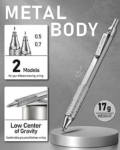 Four Candies Sliver metalowy zestaw ołówków mechanicznych z etui – 0,5 mm i 0,7 mm, 360 wkładów HB, 3 gumki do ścierania, 9 gumek do ścierania do pisania artystycznego