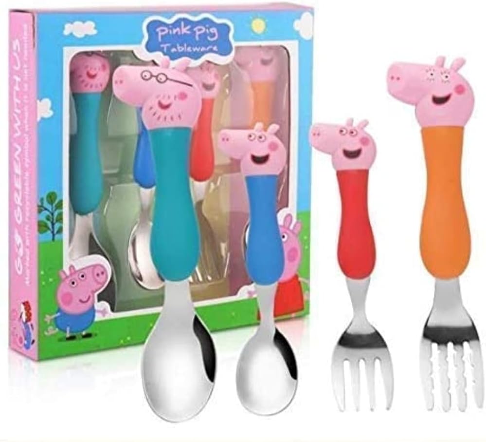Vikas gift gallery Pink Pig Kids Spoon Set Plastic Handle | Children Stainless Steel Baby Spoon and Fork Set (Pack of 4)