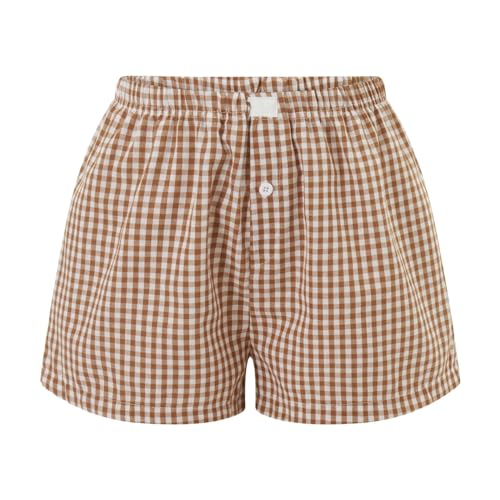 Image of Women Pajamas Shorts Micro Boxer Shorts Y2K Cute Gingham Sleep Lounge Shorts Checkered Plaid Button Pj Mini Shorts