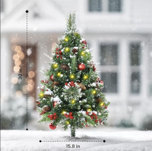 2 Set 30 Inch Outdoor Christmas Tree with LED Lights, Battery Powered & 6H Auto Timer, 8 Modes, Prelit Christmas Tree with Pine Cones Red Berries and Ball, Holiday Decor for Porch Yard Patio Pathway - Image 4