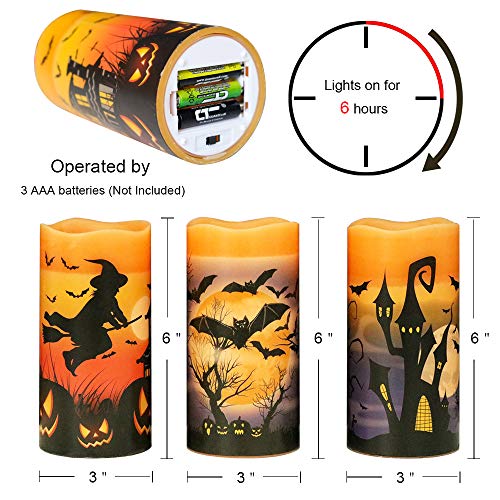Eldnacele Halloween Flameless Flickering Led Candles With 6-Hour Timer, Battery Operated Wax Candles Assorted Decals Witch, Bats, Castle Set Of 3 For Decoration #TOP1