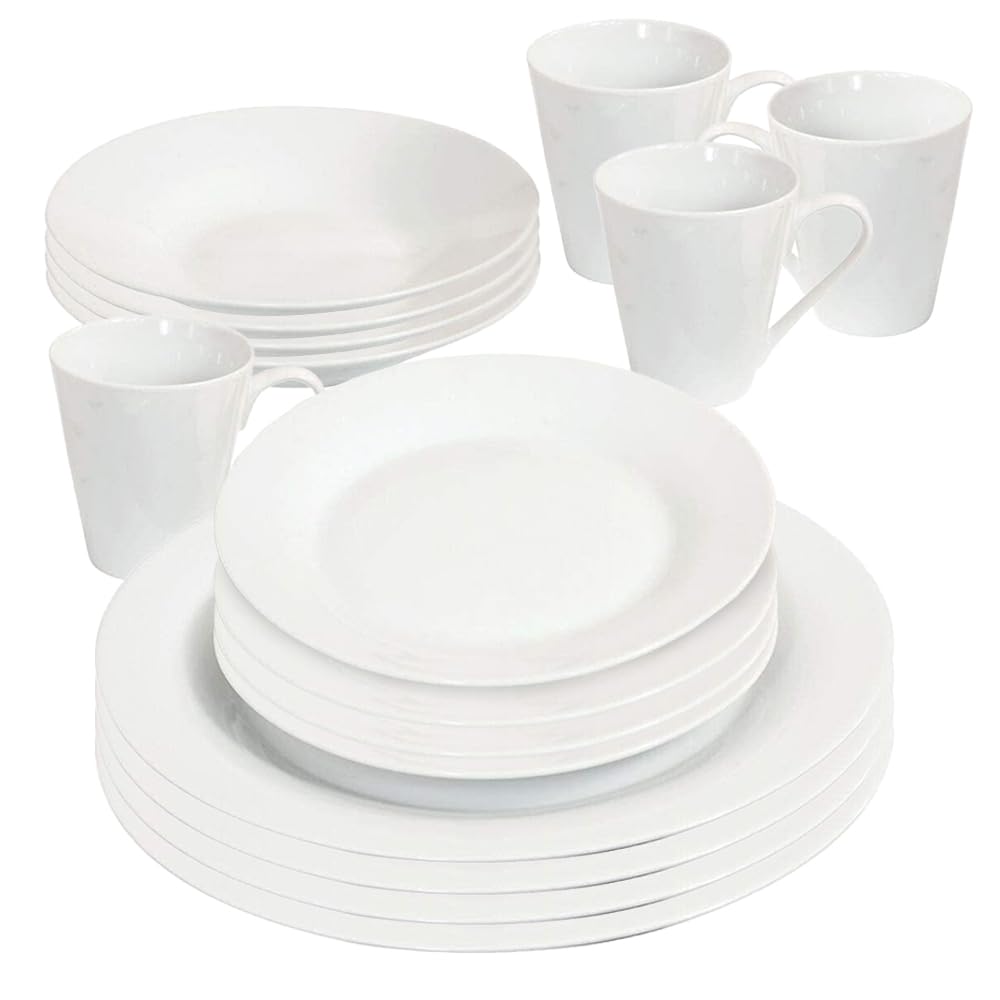 16 Piece Dinner Set - Plain Dinnerware Set | 4 Bowls, 4 Side Plates, 4 Mugs, 4 Soup Plates | Kitchen Microwave & Dishwasher Safe - for Cereal, Desserts, Hot Drinks, Porcelain Cup, Gift