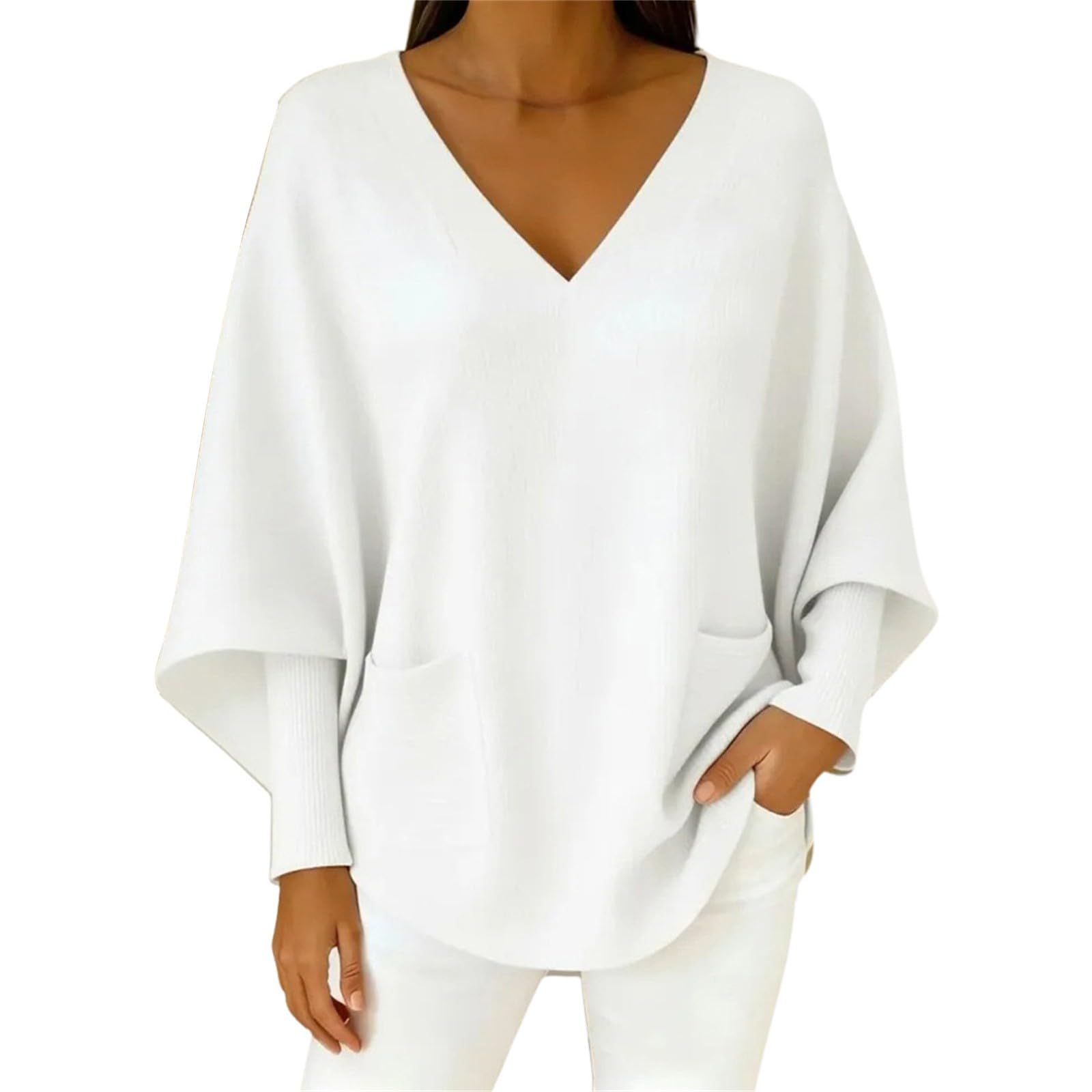 Jersey de punto con cuello en V para mujer, manga murciélago, bolsillo