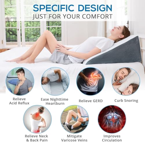 Image of Sasttie Wedge Pillow 24x24x12 inch, Memory Foam Bed Wedge, Dark Grey | Triangle Pillow for Sleeping, Acid Reflux, Back Pain, Post-Surgery, and Snoring, Designed with Removable Washable Cover