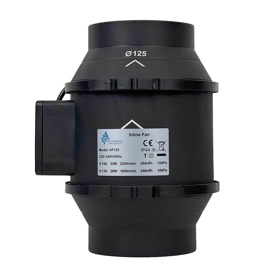 Astberg Luxe AF-125 125mm/5” 284CMH 159 CFM Premium Black Silent Mixed-Flow Duct Exhaust 2 year warranty/ISO, CE, RoHS Certified/(European Standards) (125mm/ 5)