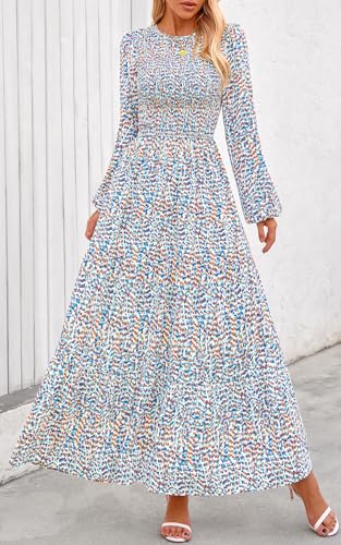 Image of PRETTYGARDEN Women's Fall Dresses 2026 Long Sleeve Flowy Casual Floral Maxi Dress Crew Neck Smocked Tiered Long Dress