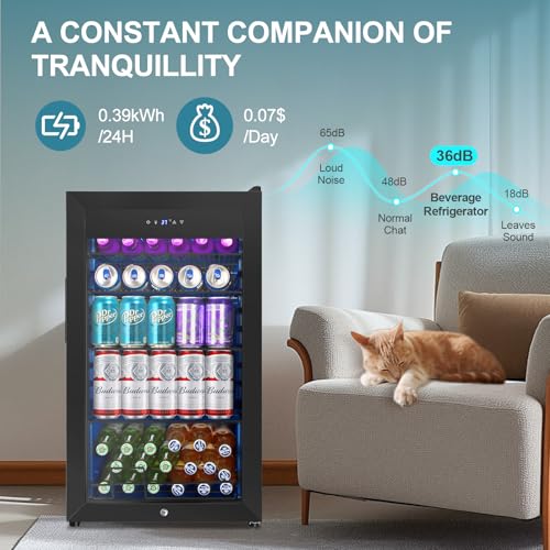 Image of 128 Cans Beverage Refrigerator Cooler, 3.2 Cu.Ft Mini Drink Fridge Glass Door for Drink Beer Soda Wine, Small Beer Fridge with 4 Removable Shelves for Kitchen Bedroom, Office Bar Gaming Room, Black