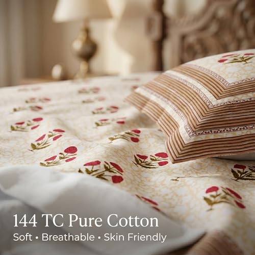 Image of Mafatlal 144 TC Heritage Pure 100% Cotton Double Bed Sheet with 2 Pillow Covers (90x108 inches)| Bedsheet for Queen Bed Cotton, Light Sand Jaipuri