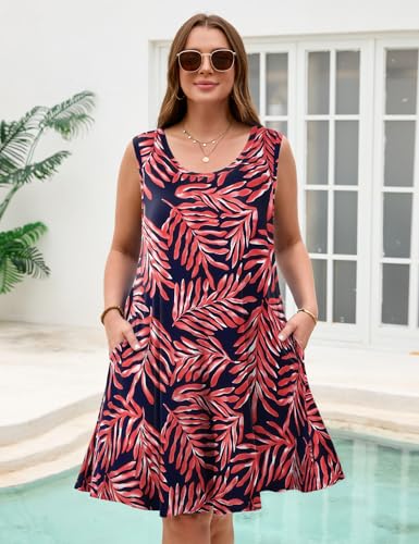 Image of JollieLovin Women Plus Size Curvy Summer Tank Sun Dresses Sleeveless Causal T-Shirt Dress Beach Swing Cover up(L-5X)