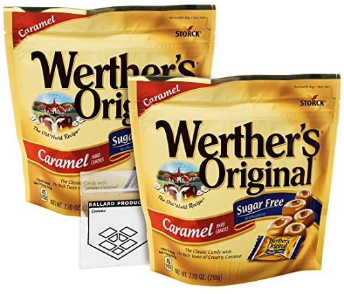 Werthers Original Hard Candy Sugar Free Pack of 2 Bags of Caramel Hard Candy (7.7oz) - Individually Wrapped Caramel Candy Sweets - Bundle with Ballard Products Pocket Bag