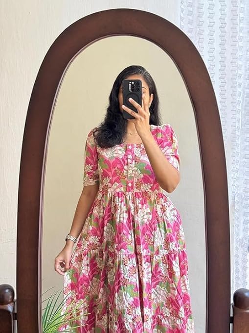 Image of Women's Pure Cotton Maxi Midi Dress Western Dress for Women Elegant Floral Printed Long Dresses | Soft & Breathable Fabric | Casual Trending Dress