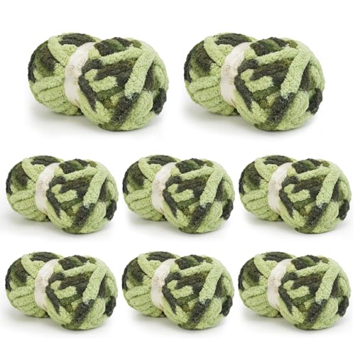 Chunky Yarn for Hand Knitting, Chunky Chenille Blanket Yarn for Crocheting, Bulky Soft Fluffy Chenille for Blanket Project, 8 Pack of 8oz/25yds, Colorful Green