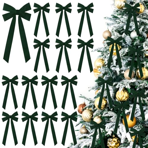 JOICEE 15Pcs Christmas Velvet Bows 5in x 12in Christmas Tree Bows Rustic Crafts Gift Wrapping Bows Xmas Ornaments for Wreath Garland Tree Decorations Indoor Outdoor Holiday Decor(Green)