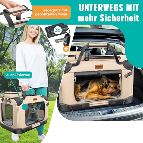 LOVPET® Transportbox Hund Katze Transporttasche XXXL 102x70x70cm | Hunde-Tragetasche Faltbare Katzentasche | Haustier-Transportbox inkl. Hundenapf & Schultergurt | für Katzen & Hunde Beige