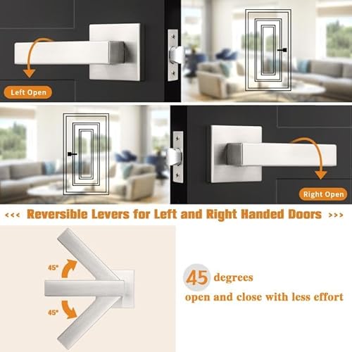 Probrico Interior Brushed Nickel Door Handle, Heavy Duty, Flat Square Passage Door Handles, Keyless Door Levers Lockset for Closet and Hallway (2 Pack, Modern) - Image 6